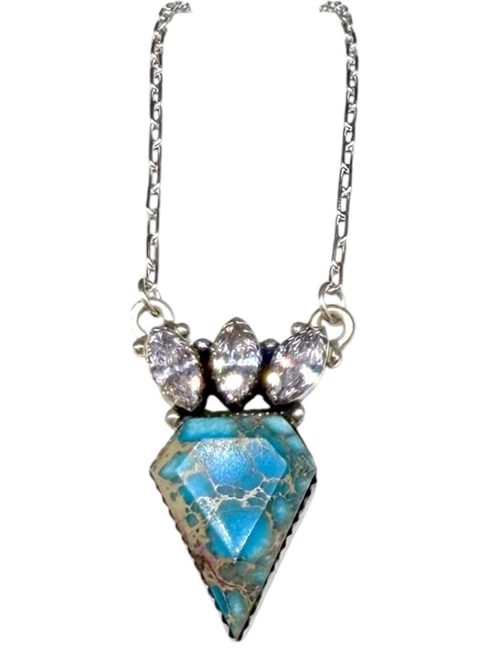 Blue Sea Sediment Jasper & Topaz Diamond Shaped Necklace 925 Sterling Silver
